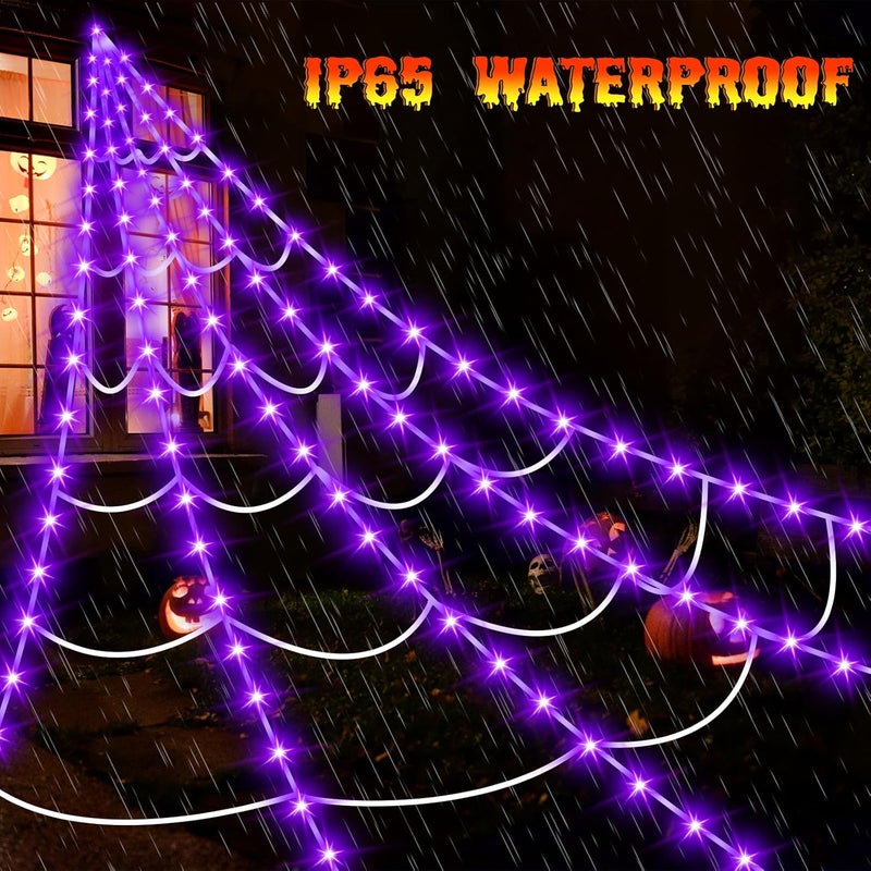 partyMoonet Halloween Decorations Outdoor Spider Web Lights,16.4Ft 220 LED Lighted Spider Web Light up with 8 Modes Waterproof Timer for Yard House Halloween Outdoor Decor Purple Spiderweb - Image 5